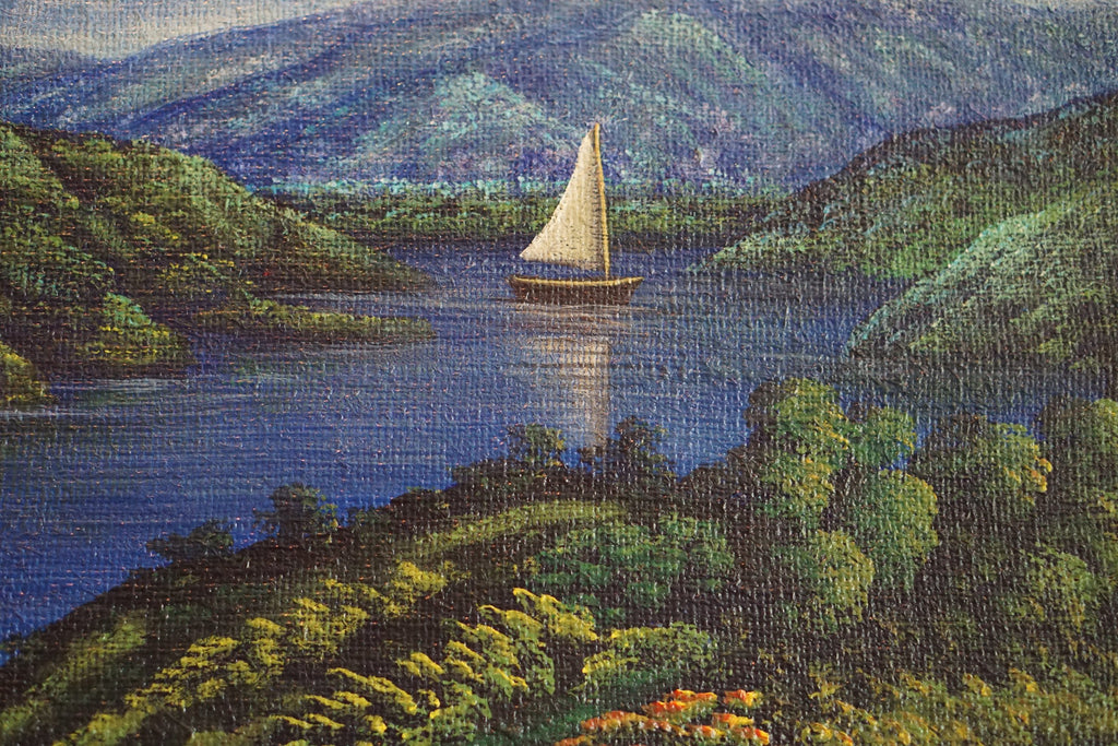 Horizon's Embrace: Mountains, Rivers and Sailboats